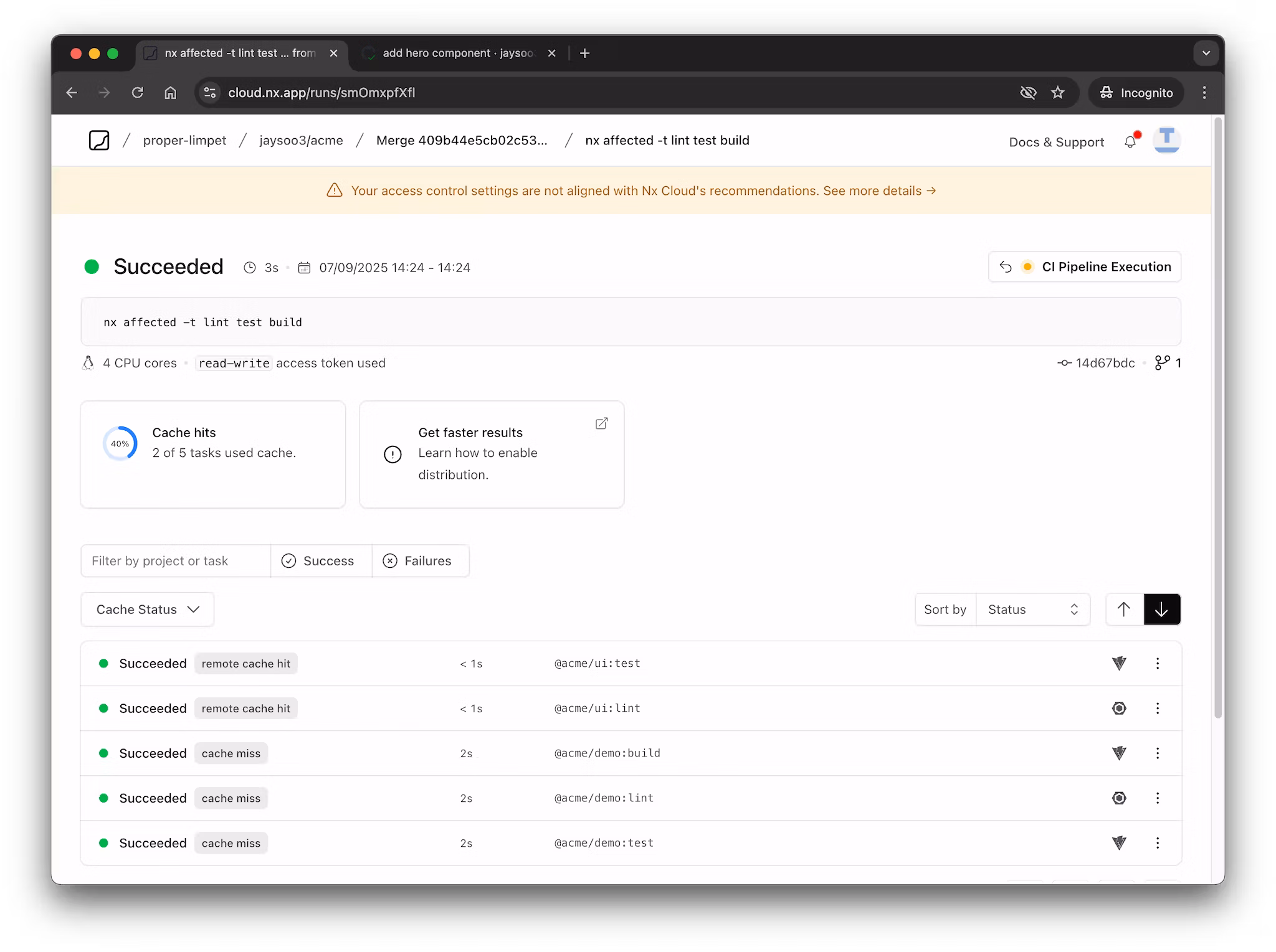 Nx Cloud run showing remote cache hits